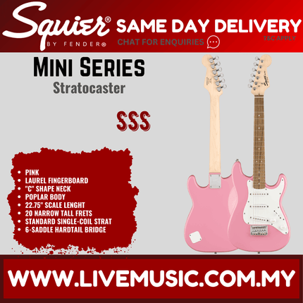 Squier Mini Stratocaster Electric Guitar, Laurel Fretboard - Pink