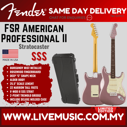 Fender FSR American Professional II Stratocaster Electric Guitar, Burgundy Mist Metallic/Firemist Gold/Surf Green w/MHC