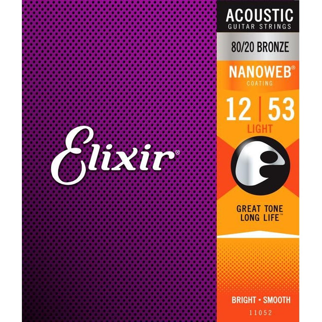 Elixir 11052 Nanoweb 80/20 Bronze Acoustic Guitar Strings, Light (12-53)