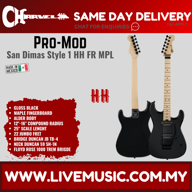 Charvel Pro Mod Plus San Dimas SD1 SRS HH FR Electric Guitar, Maple FB, Gloss Black