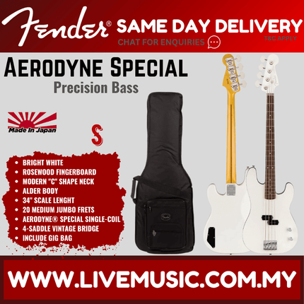Fender Aerodyne Special Precision Bass Guitar, RW FB, Bright White
