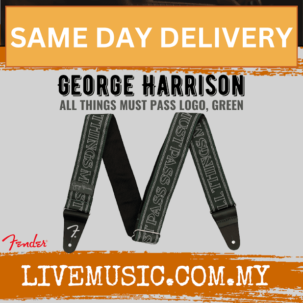 Green guitar strap with George Harrison All Things logo and black ends