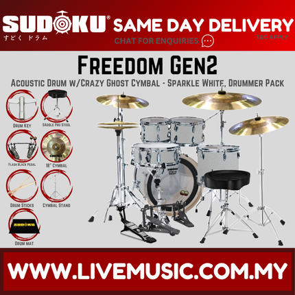 Sudoku Freedom Gen2 Acoustic Drum Set w/Ghost Cymbals, Throne, Pedal - Drummer Pack