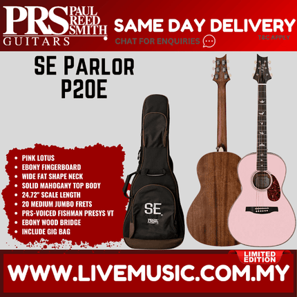 Pink Lotus parlor acoustic-electric guitar with padded gig bag, SE Limited Edition P20E