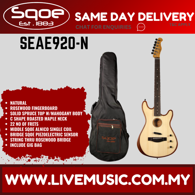 Sqoe SEAE920 Acoustasonic Telecaster Acoustic Electric Guitar w/Bag, Rosewood FB - Natural ( SEAE 920 / SEAE-920 )