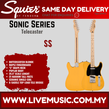 Squier Sonic Telecaster Electric Guitar w/Black Pickguard, Maple FB, Butterscotch Blonde