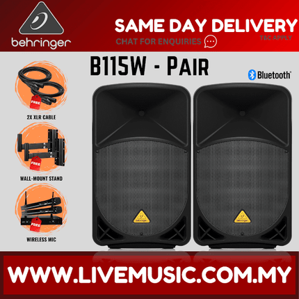 Behringer Eurolive B115W 1000W 15" Powered Speaker w/Wireless Mic,Speaker Stand & Cable - Each / Pair ( B-115W B 115W )