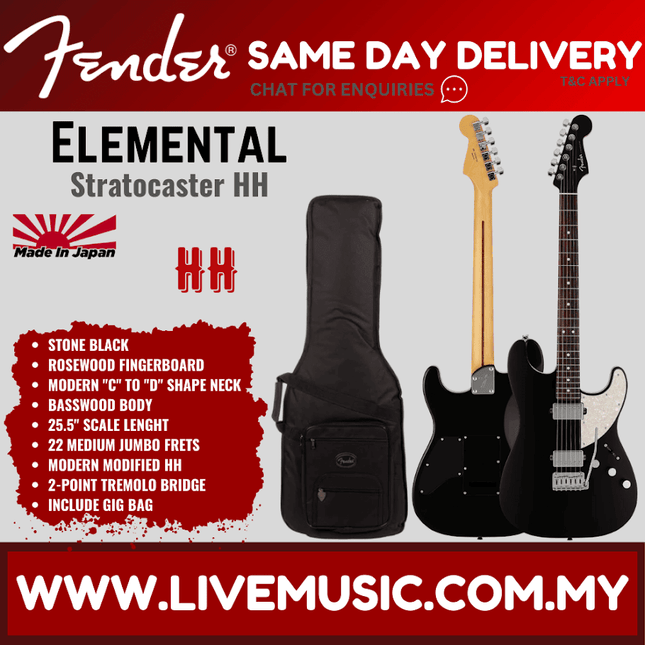 Fender Japan Elemental Stratocaster HH Electric Guitar, RW FB, Stone Black