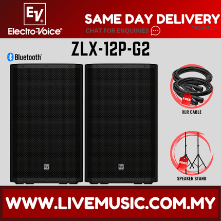 EV Electro-Voice ZLX-12P G2 1000W 12" Speaker Bluetooth w/Speaker Stand And Cable- Pair (ZLX12P ZLX 12P)