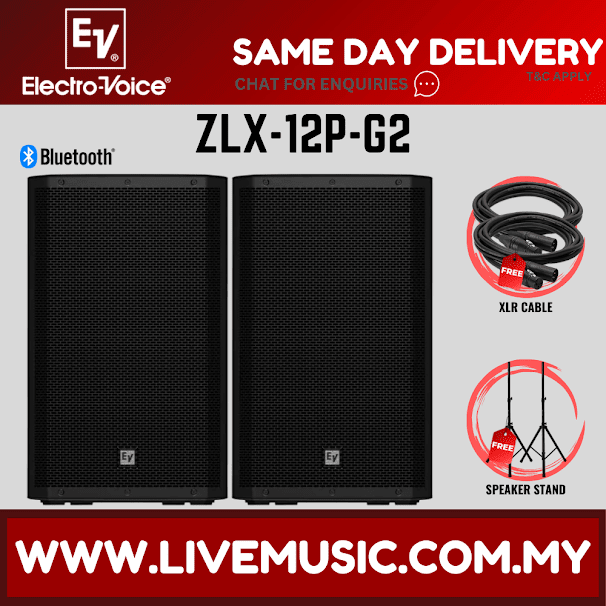 EV Electro-Voice ZLX-12P G2 1000W 12" Speaker Bluetooth w/Speaker Stand And Cable- Pair (ZLX12P ZLX 12P)