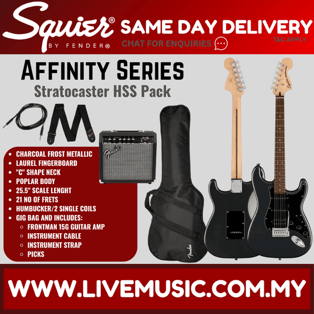 Squier Affinity Series HSS Stratocaster Guitar Pack, Laurel FB, Charcoal Frost Metallic