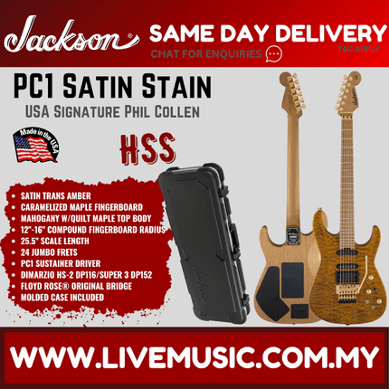 Jackson USA Signature Phil Collen PC1 Satin Stain Electric Guitar, Flame Maple Fretboard - Transparent Amber (PC-1/PC 1)