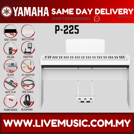 Yamaha P-225 88-Key Digital Piano With Keyboard Bench, Headphone And Adapter - White ( P225 P 225 P125 P 125 )