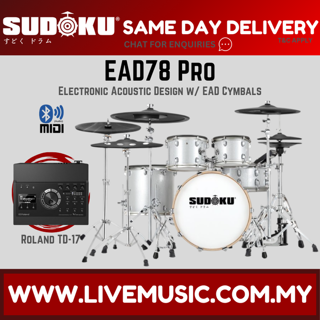 Electronic drum set with black cymbals and chrome shells, Roland TD-17 module.