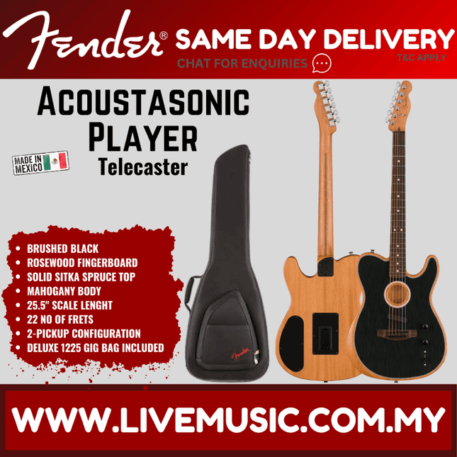 Fender Acoustasonic Player Telecaster Electric Guitar, Brushed Black