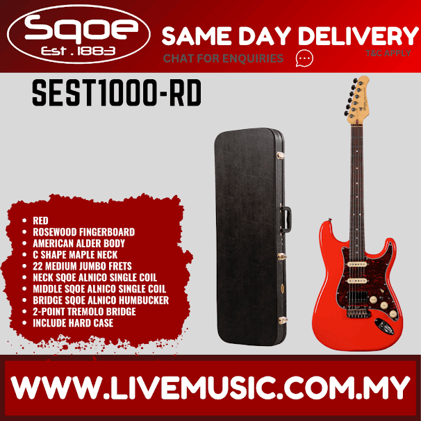 SQOE SEST1000 Stratocaster Custom HSS Electric Guitar w/Gig Bag, Rosewood FB - Red ( SEST-1000 / SEST 1000 )