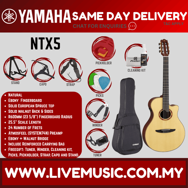 Yamaha NTX5 Acoustic Electric Nylon String Classical Guitar Spruce Top Walnut Back / Side ( NTX 5 )