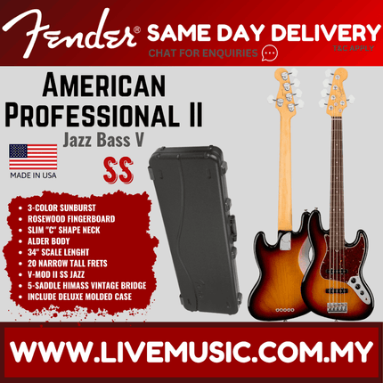 Fender American Professional II 5-string Jazz Bass Electric Guitar, RW FB, 3-Tone Sunburst