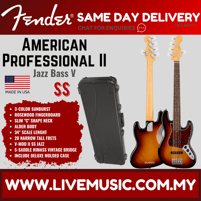 3-tone sunburst 5-string jazz bass electric guitar with maple neck and molded case
