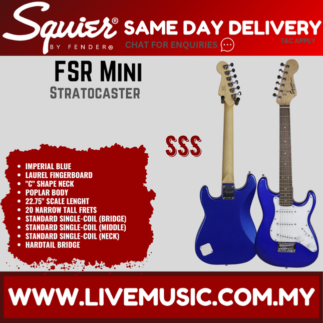 Squier FSR Mini Stratocaster Electric Guitar, Laurel FB, Imperial Blue