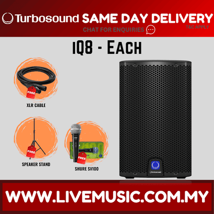 Turbosound iQ8 2500W 8 inch Powered Speaker w/Wireless Mic, Speaker Stand And Cable - Each / Pair ( iQ-8 / iQ 8 )