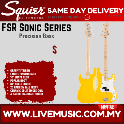Squier FSR Sonic Precision Bass Guitar, Maple FB, Graffiti Yellow