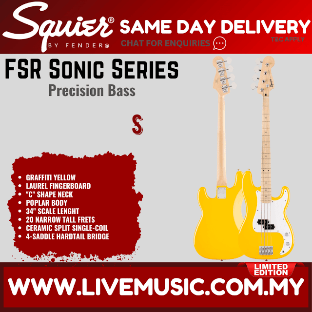 Squier FSR Sonic Precision Bass Guitar, Maple FB, Graffiti Yellow