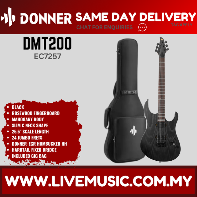 Donner EC7257 DMT-200 Electric Guitar w/Gigbag, Rosewood Fingerboard, Black ( DMT200 / DMT 200 )
