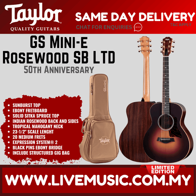 Acoustic guitar with sunburst top and fitted soft case, Taylor GS Mini-E