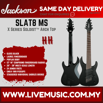 Jackson X Series Soloist Arch Top SLAT8 Multi-Scale 8-string Electric Guitar, Gloss Black