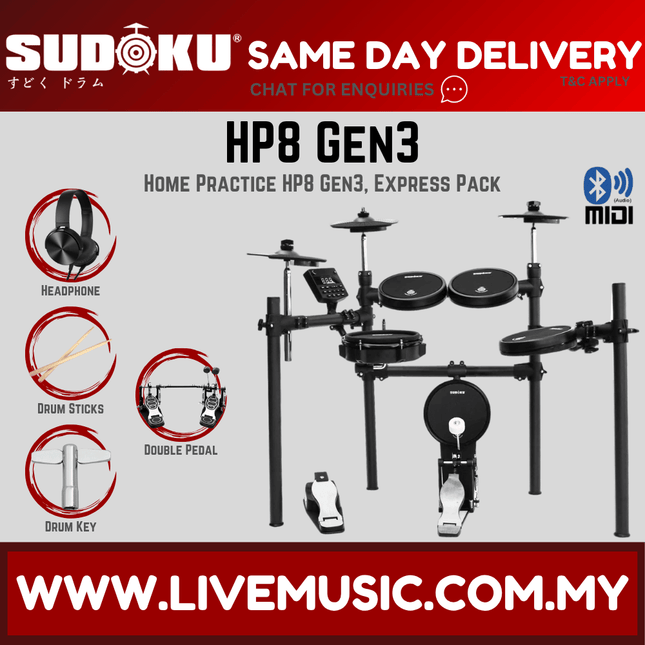 Sudoku Home Practice HP8 Gen 3 Mesh Black Electronic Drum Set With Accessories ( HP-8 HP 8 )
