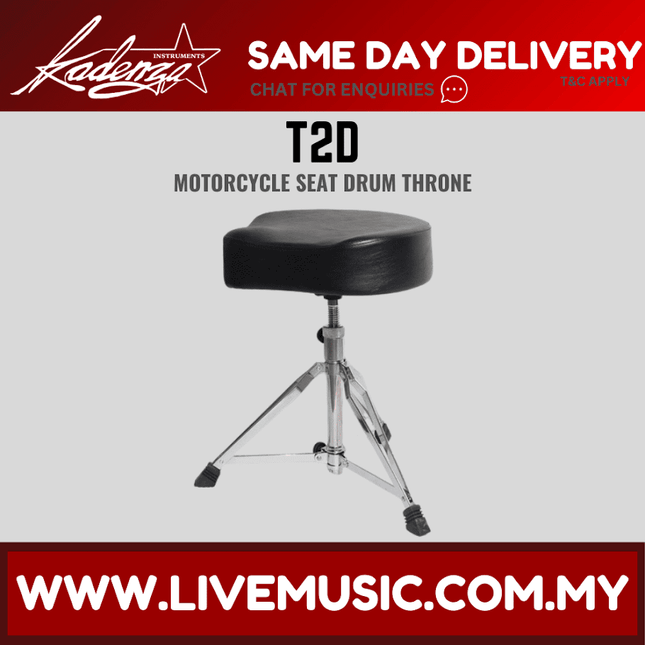 Motorcycle-style drum throne with round black padded seat and chrome tripod base
