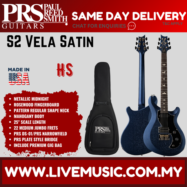 PRS S2 Vela Satin Electric Guitar, Metallic Midnight