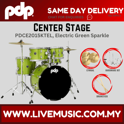 PDP Center Stage 5-piece Complete Drum Set with Hardware, Stool and Cymbal - Electric Green Sparkle ( PDCE2015KT )