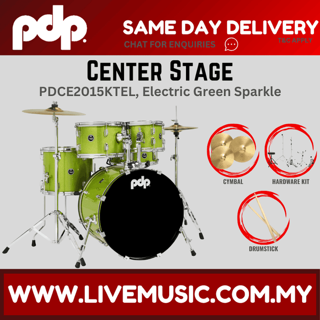 PDP Center Stage 5-piece Complete Drum Set with Hardware, Stool and Cymbal - Electric Green Sparkle ( PDCE2015KT )