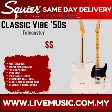 Squier Classic Vibe 50s Telecaster Electric Guitar, Maple Fretboard - White Blonde