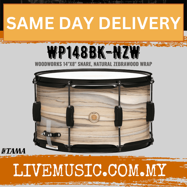 TAMA WP148BK-NZW 8 x 14 inch Woodworks Snare Drum - Natural Zebra Wrap (WP148BK)