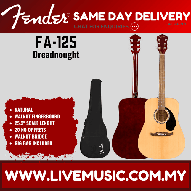 Fender dreadnought acoustic guitar with black gig bag, natural finish