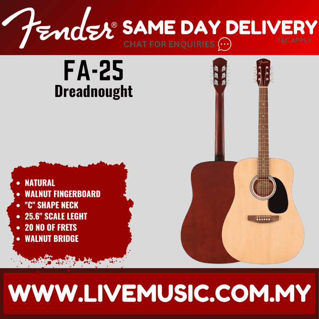 Fender FA-25 dreadnought acoustic guitar, natural wood body with black pickguard