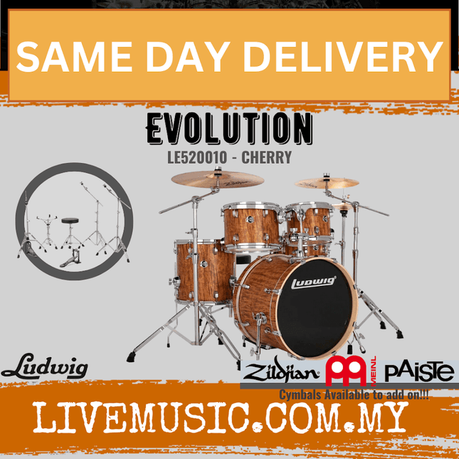 Ludwig LE520010 / LE520018 / LE520024 / LE520028 Evolution 5-Piece Drum Kit w/Hardware, Cherry /Copper / Mint / Platinum