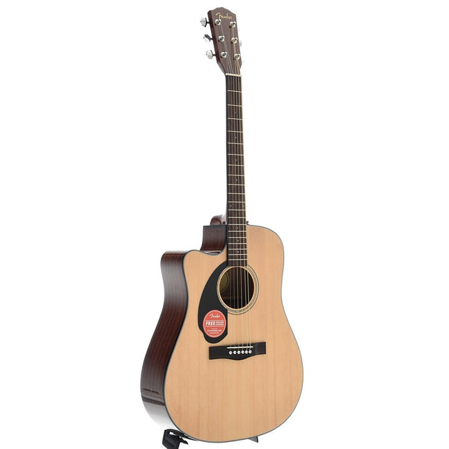 Left-handed acoustic-electric dreadnought guitar with natural top and dark back/sides