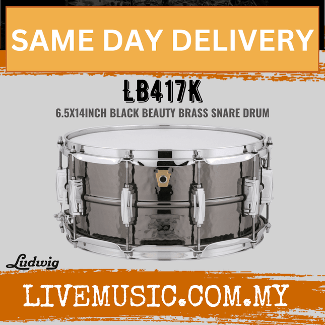 Ludwig LB417K 6.5x14inch Black Beauty Brass Snare Drum, Hammered Shell, Imperial Lugs