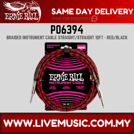 Ernie Ball 6394 Braided Straight to Straight Instrument Cable, Red Black, 10ft