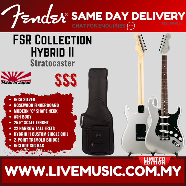 Fender FSR Collection Hybrid II Stratocaster Electric Guitar, RW FB, Inca Silver
