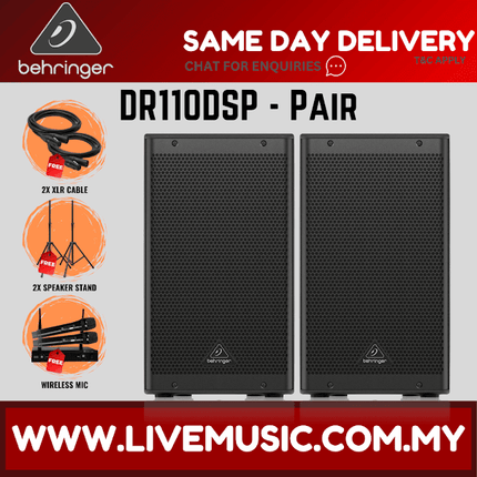 Behringer DR110DSP 1000W 10" Powered Speaker with Bluetooth w/Wireless Mic,Speaker Stand & Cable - (DR-110DSP DR 110DSP)