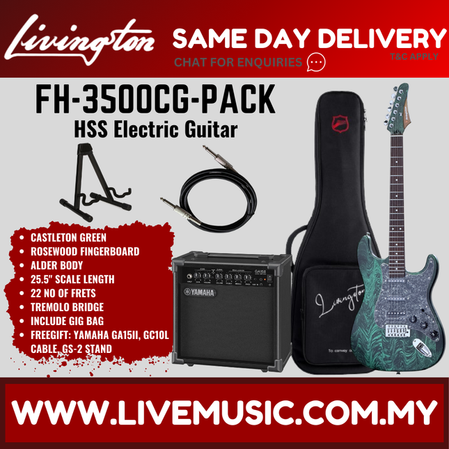 Livingston FH-3500-PACK Stratocaster HSS Electric Guitar w/GA15II Amplifier Rosewood Fretboard - ( FH3500 FH 3500 )