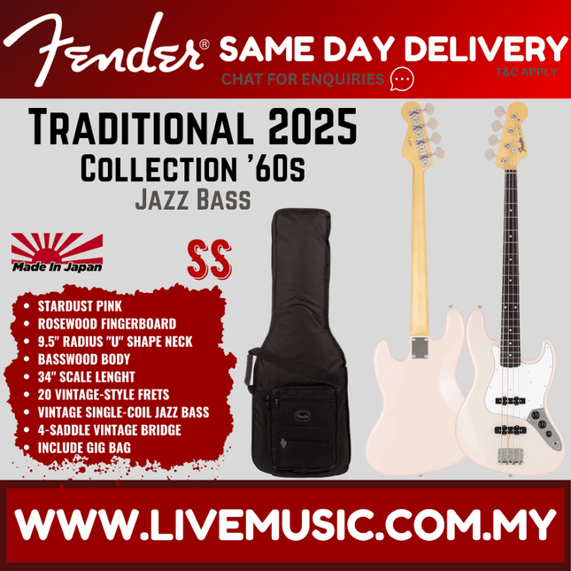 Fender Japan Traditional 2025 Collection 60s Jazz Bass Guitar, RW FB, Stardust Pink
