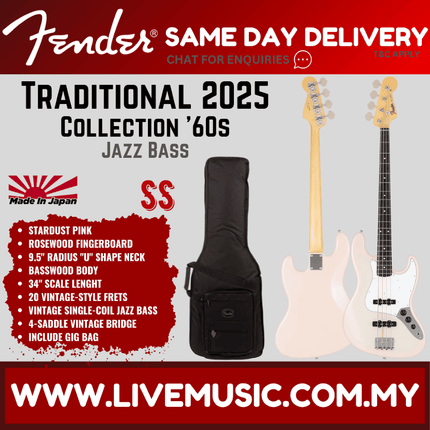 Fender Japan Traditional 2025 Collection 60s Jazz Bass Guitar, RW FB, Stardust Pink