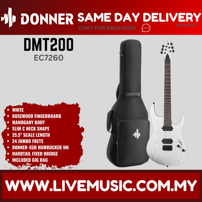 Donner EC7260 DMT-200 Electric Guitar w/Gigbag, Rosewood Fingerboard, White ( DMT200 / DMT 200 )