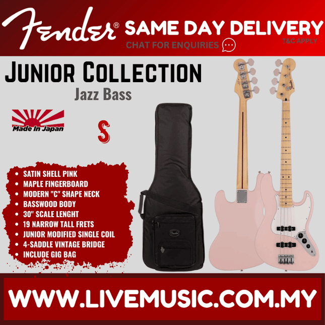 Fender Japan Junior Collection Jazz Bass Guitar, Maple FB, Satin Shell Pink
